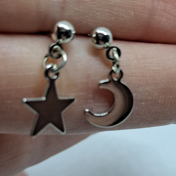 Star Moon Dangle Stud Earrings Silver Tone - Picture 1 of 5